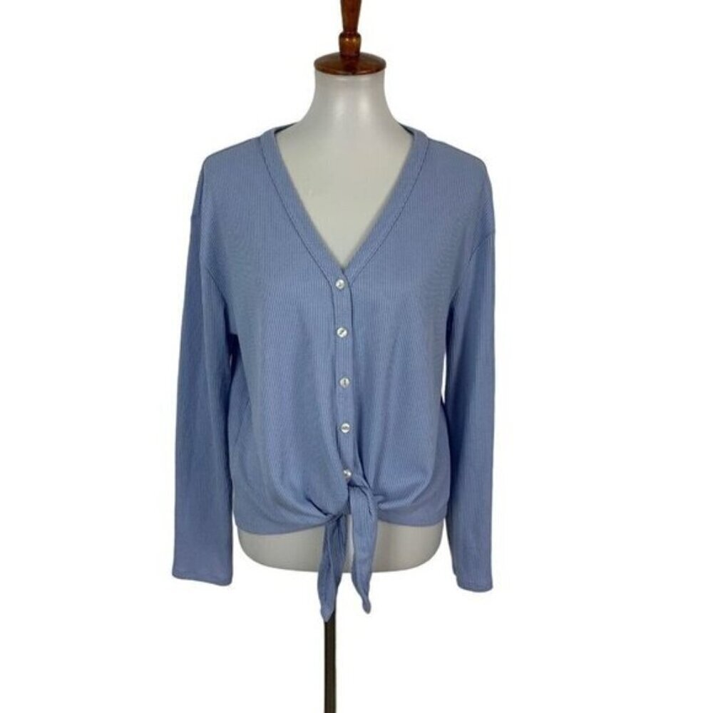 1.State Women’s Top Large Blue Tie Front Button Up‎ Blue Long Sleeve